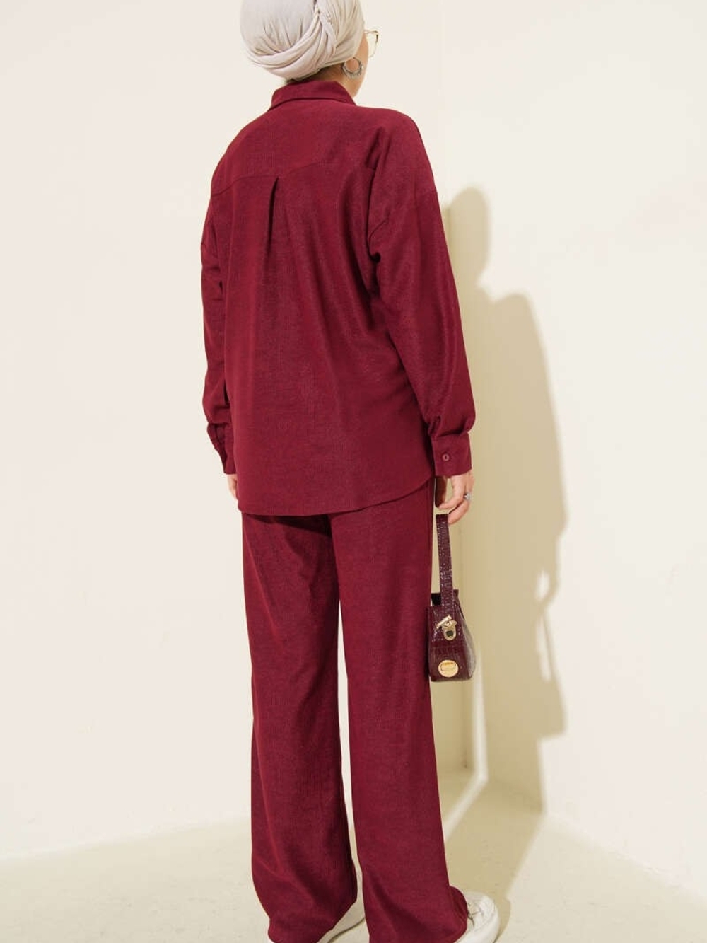Two Piece Modest Burgundy Ribbed Pocket Shirt Set XXL - Picture 4 of 8